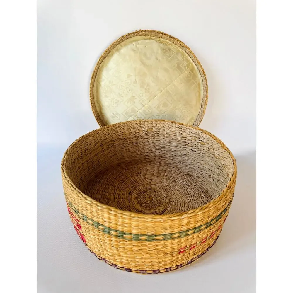 Vintage Handwoven Lidded Sweetgrass Basket with Colorful Geometric Design